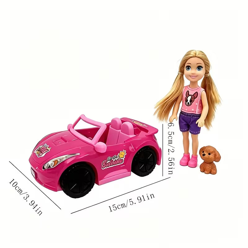 Kids Toy Car for Girls, Pink Convertible Sports Car with Pet Dog, Doll Pretend Play Set