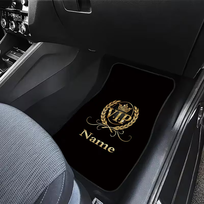 4pcs Customizable Name & Number Car Floor Mats, Golden Crown & VIP Personalized Design