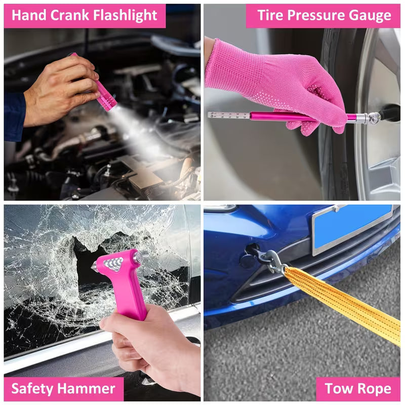 Pink Car Roadside Emergency Kit Assistance Emergency Kit with Jumper Cables Auto Tool Set Deer Whistles Winter Car Safety Roadside Assist Kit,