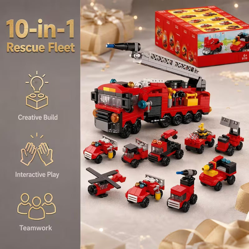 10pcs Red Fire Truck Building Blocks Set, Car Model Bricks Kit, Perfect Gift for Youngsters