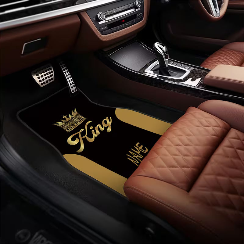 4pcs Customizable Name Car Floor Mats with Black and Golden King Crown Theme Design Print - The Perfect Gift for Men/Women - Easy-to-Clean Car Interior Accessory -