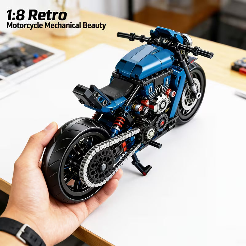 1:8 Blue Retro Technic Motorcycle Building Blocks