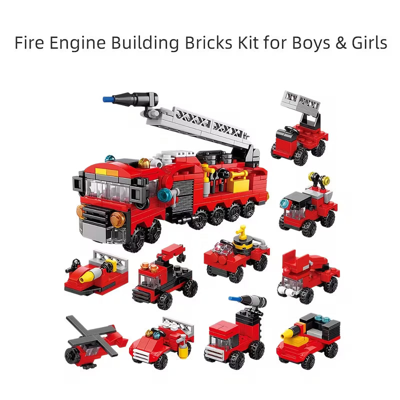 10pcs Red Fire Truck Building Blocks Set, Car Model Bricks Kit, Perfect Gift for Youngsters
