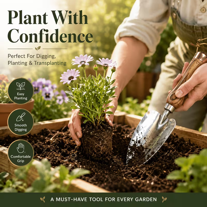 Heavy-Duty Stainless Steel Garden Shovel with Heart-Shaped Blade, Ash Wood Handle, Planting & Transplanting Tool
