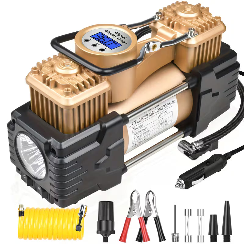 MESHUBA Twin Cylinder Air Compressor 12V Portable Heavy Duty Tire Inflator with Digital Gauge Car Pump Auto Shut-Off for Vehicle,