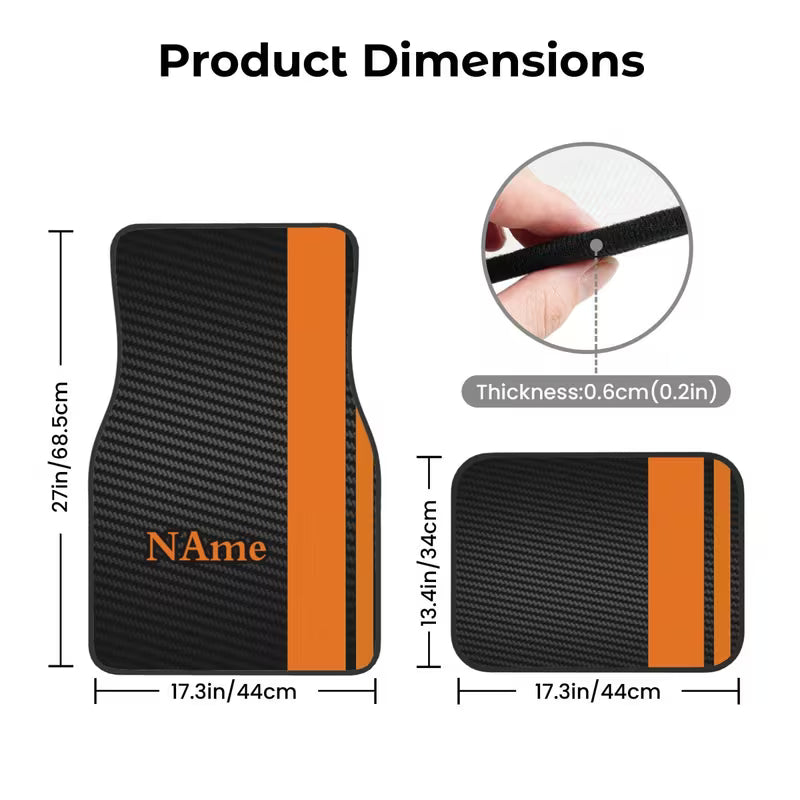 4pcs Customizable Name Car Mats with Orange Striped Personalized Design