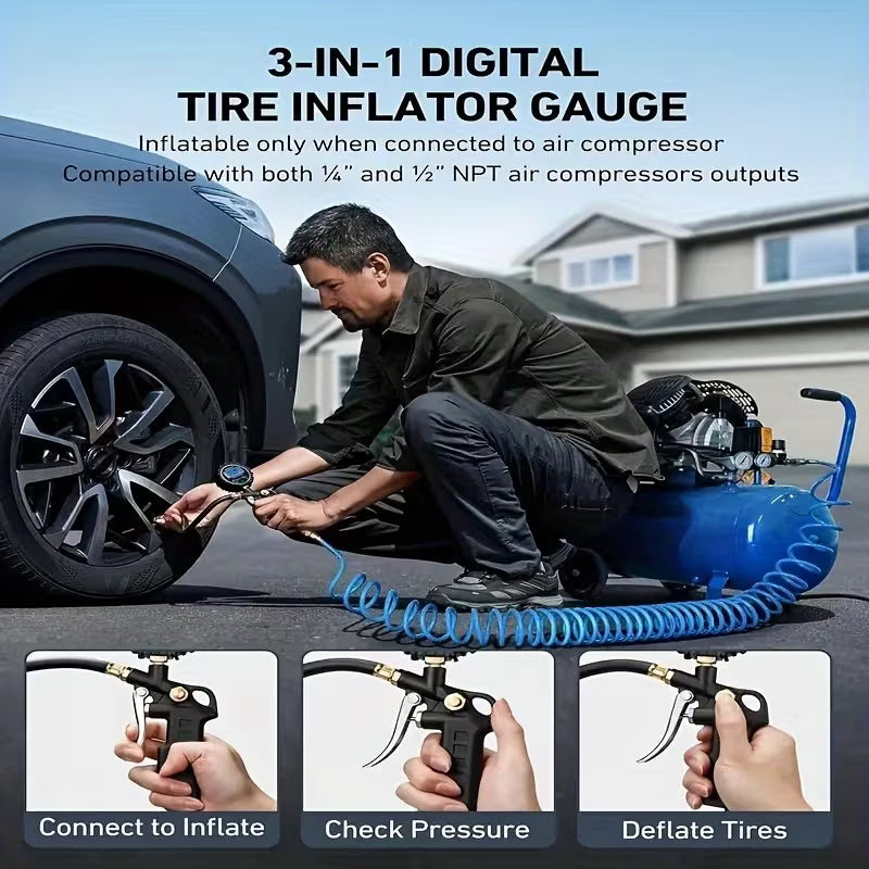 Digital Tire Pressure Gauge/with Inflator, 250 PSI Air Chuck and Compressor Tttachment/Heavy-duty/with Quick-connect Coupler, 0.1 Display Resolution/for Automotive Accessories Motorcycles