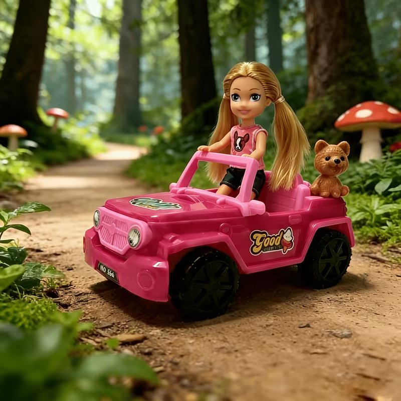 Kids Toy Car for Girls, Pink Convertible Sports Car with Pet Dog, Doll Pretend Play Set