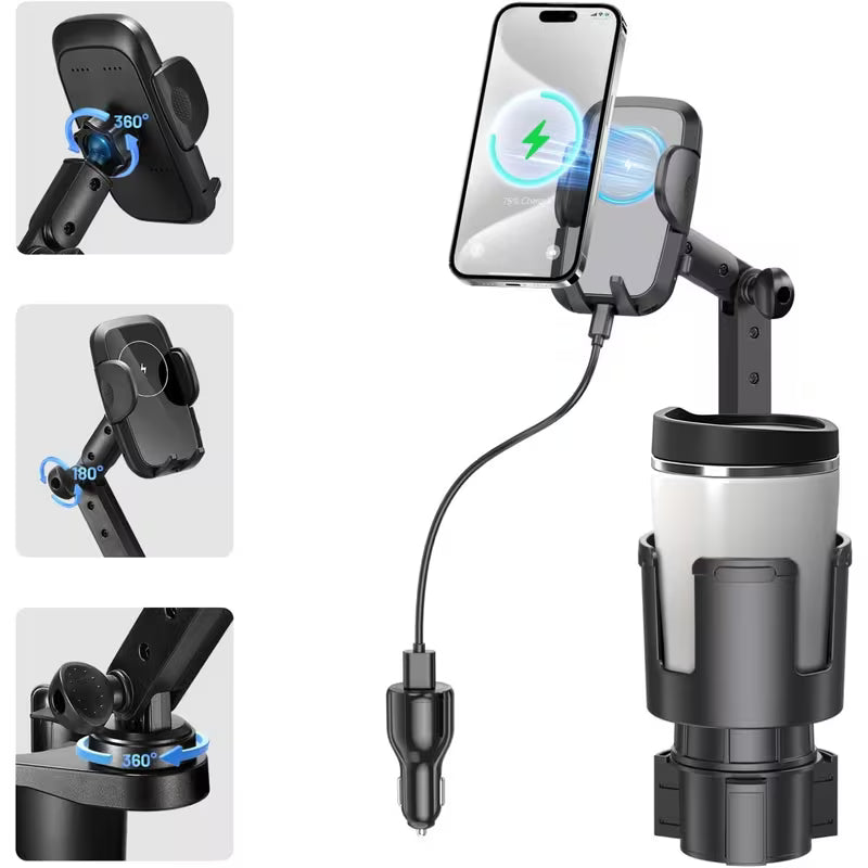 This Hill 3-in-1 Car Wireless Charger Cup Holder, 15W Charging, Adjustable Base & 360° Rotation