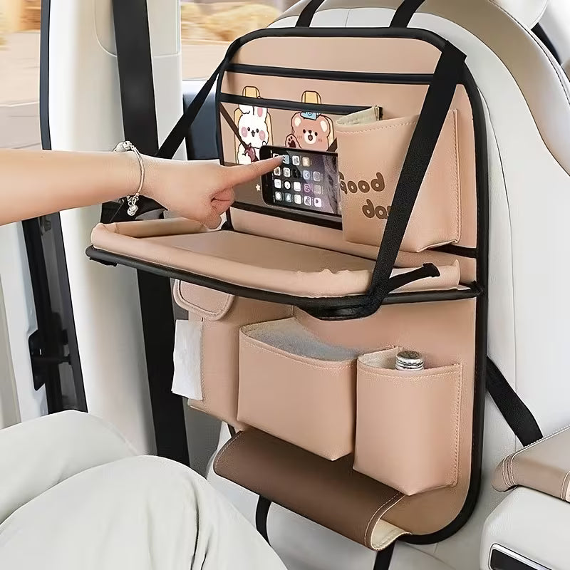 Multi-functional Seat Back Organizer and Storage Bag, Including a Foldable Table Tray, Kick Mat, Tissue Box, Trash Can, Umbrella Holder,