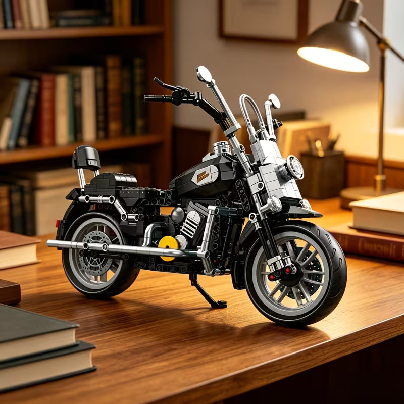 Retro Motorcycle Puzzle Blocks, Assembly Motorcycle Model Toy, Gray Black Color, Birthday Gift, with Display Base, Motorcycle Model