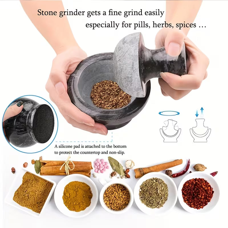 Mortar & Pestle Set, Marble Mortar and Mushroom Pestle, 1/2 Cup, Stone Grinder with Brush & Placemat