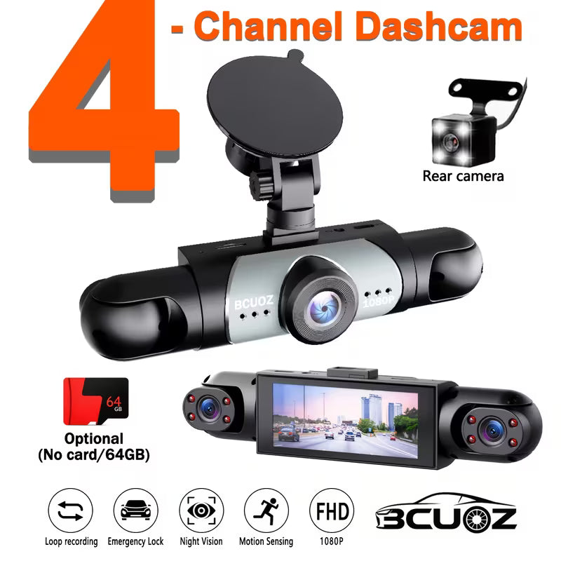 BCUOZ 360° Panoramic 4-Lens 1080P Full HD Dash Cam Set, 1080P Front +r/Left/R 720P Reaight All-Round Coverage,