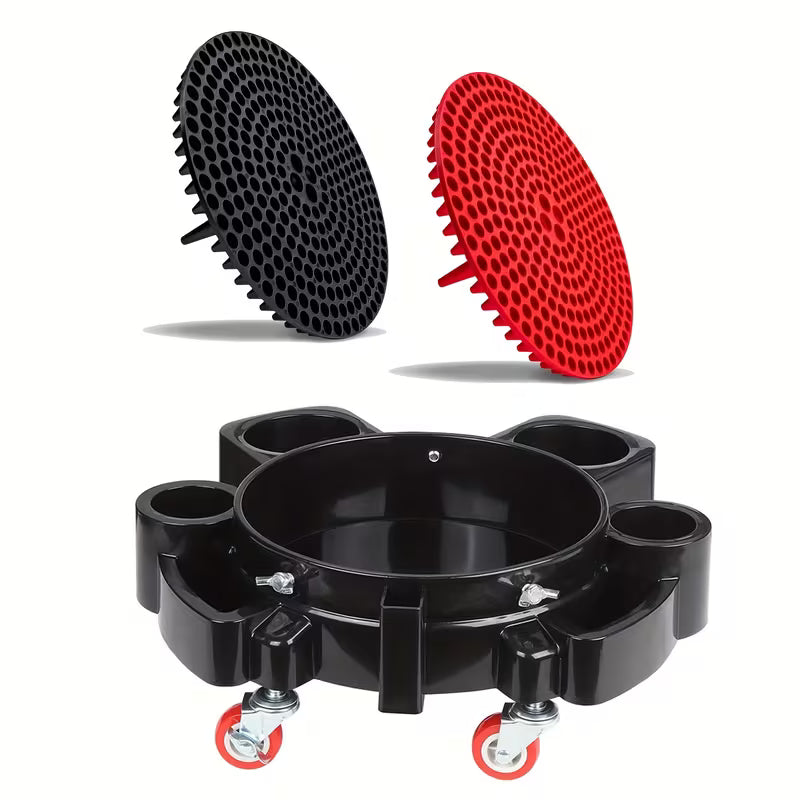 [Heavy-Duty] Heavy-Duty Car Wash Bucket Cart with Wheels - 6 Gallon Capacity, Black Plastic, Rolling Soap Holder, Multi-Tool Storage for Professional Cleaning,