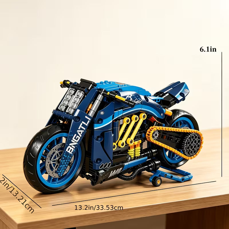 Mechanical-Style Blue Motorcycle Building Blocks, Collectible Assembly Model, Exquisite Gift