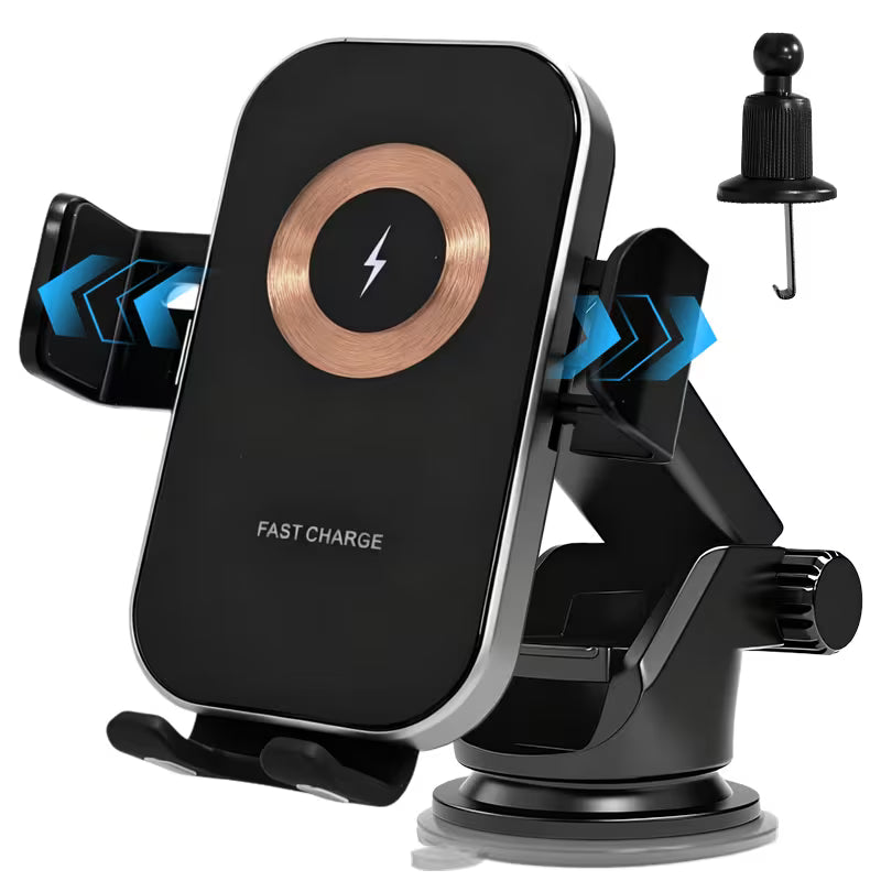 15W Car Wireless Charger Phone Holder, Non-Blocking Camera, Suction Cup & Air Vent Hook