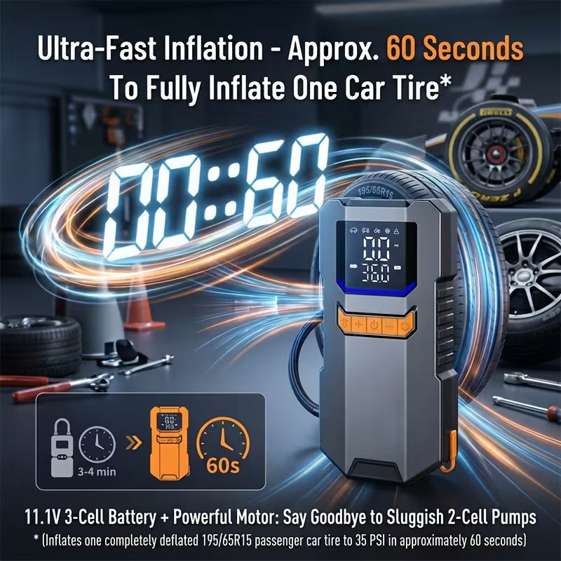 Portable Cordless Air Compressor Tire Inflator, Compact Smart Pump with Digital Pressure Gauge