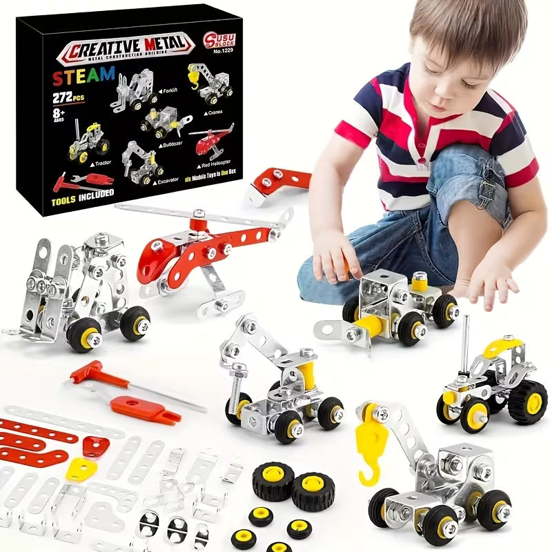 272pcs Metal Building Blocks, 6-in-1 Assembly DIY Engineering Educational STEAM Learning Toy for Ages 8+