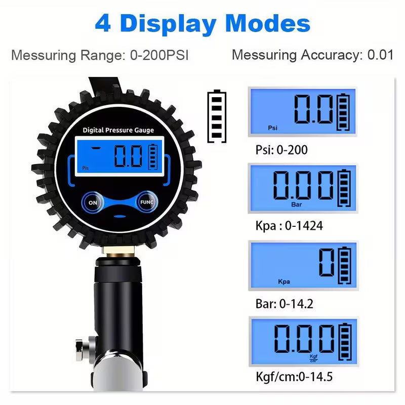 Digital Tire Inflator with Presta/Schader Valve Adapter - 0.1 PSI Precision Gauge for Cars, Trucks &amp; Motorcycles, Durable Metal Construction, Easy-Read Display