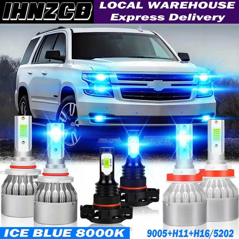 6pcs 8000K Ice Blue LED Headlight Bulbs, 9005 H11 H16/5202, High/Low Beam & Fog Lights