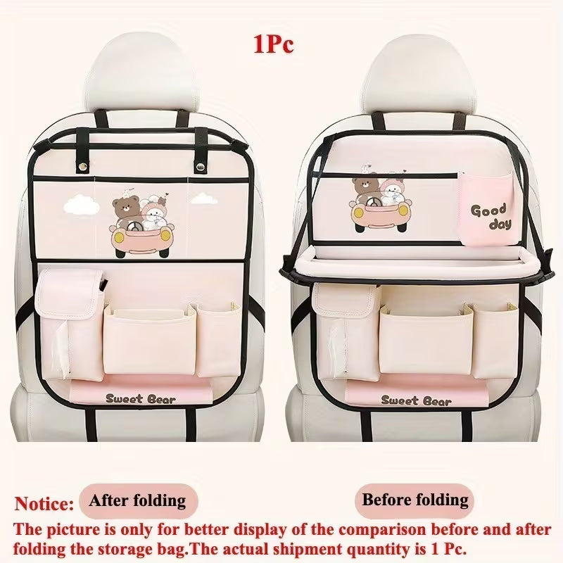 Multi-functional Seat Back Organizer and Storage Bag, Including a Foldable Table Tray, Kick Mat, Tissue Box, Trash Can, Umbrella Holder,
