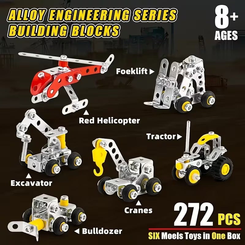 272pcs Metal Building Blocks, 6-in-1 Assembly DIY Engineering Educational STEAM Learning Toy for Ages 8+