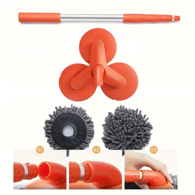 Newly Upgraded Microfiber Car Wash Brush Mop Kit with Long Handle, Chenille three Brush Head Mop, Duster Cleaning Supplies