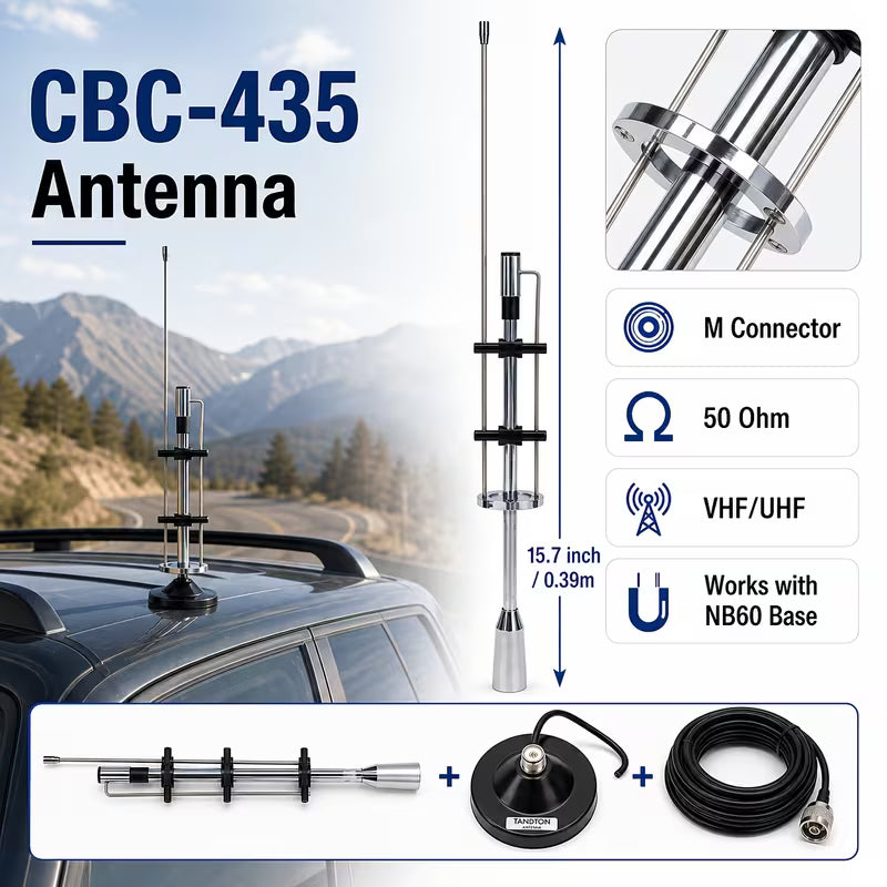 VHF UHF Car Radio Antenna Kit, CBC-435 15.7 Inch Mobile Antenna with NB60 Base, 5M Cable