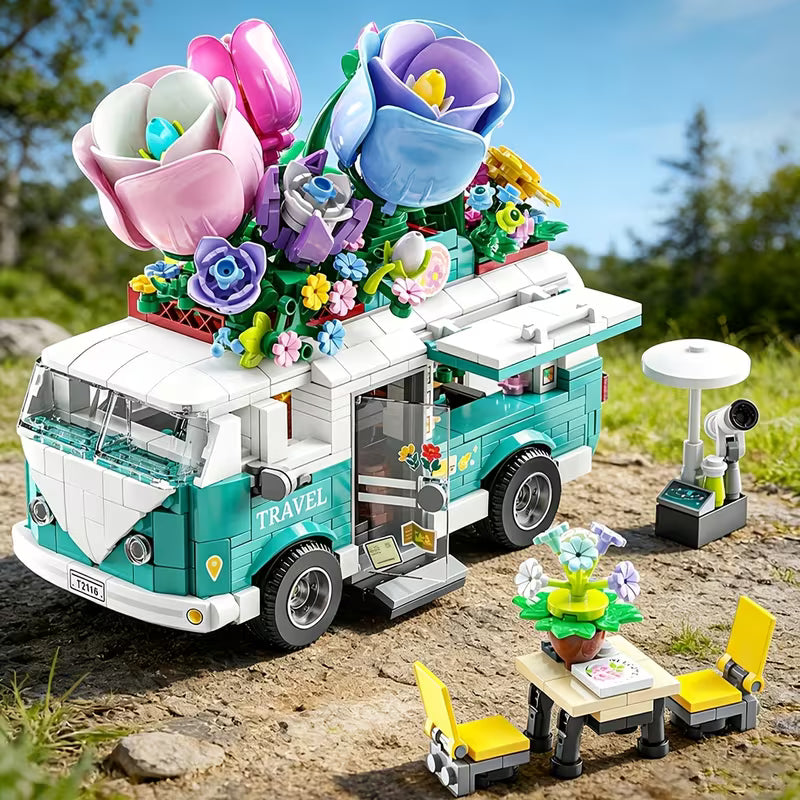 800+PCS Flower Tour Bus Building Blocks, DIY Model Set with Accessories New Year Christmas Birthday Gift And Up