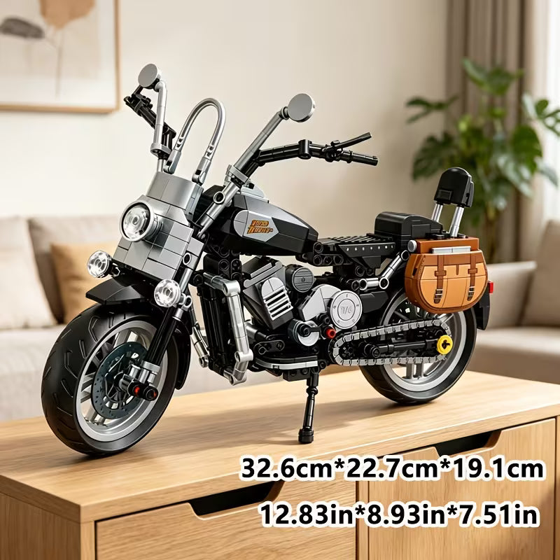 Retro Motorcycle Puzzle Blocks, Assembly Motorcycle Model Toy, Gray Black Color, Birthday Gift, with Display Base, Motorcycle Model