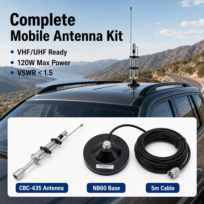 VHF UHF Car Radio Antenna Kit, CBC-435 15.7 Inch Mobile Antenna with NB60 Base, 5M Cable