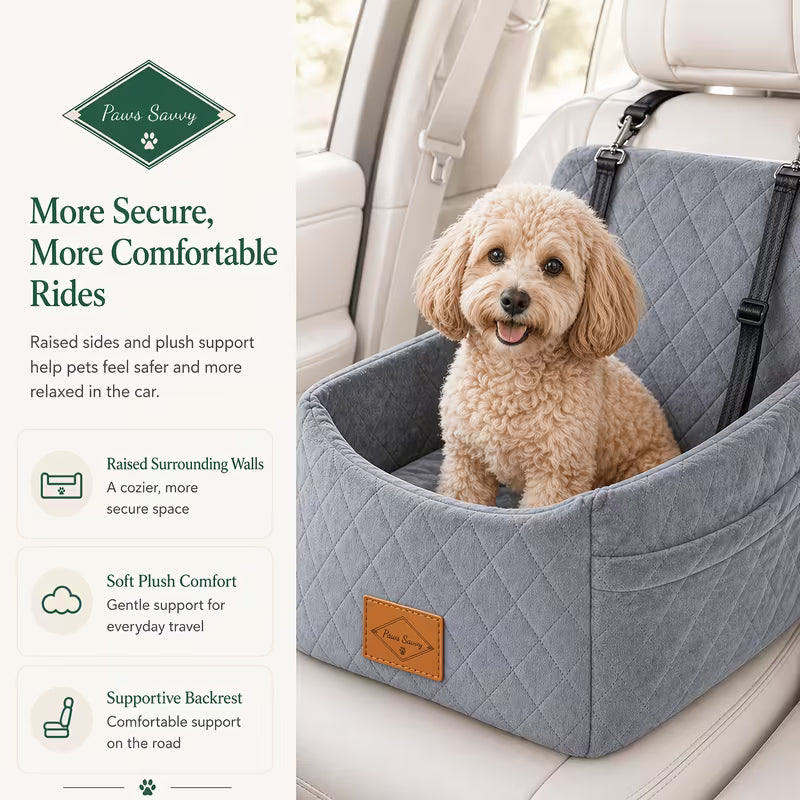 Paws Savvy Dog Car Booster Seat With Safety Strap, Cozy Travel Bed For Small & Medium Dogs