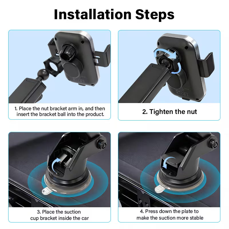 15W Car Wireless Charger Phone Holder, Non-Blocking Camera, Suction Cup & Air Vent Hook