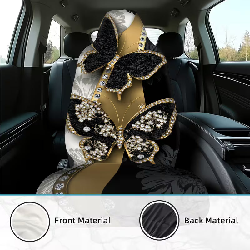 Set of 2, Stylish Black And Golden Diamond Butterfly Design Car Seat Covers, Made from Lightweight And Washable Material