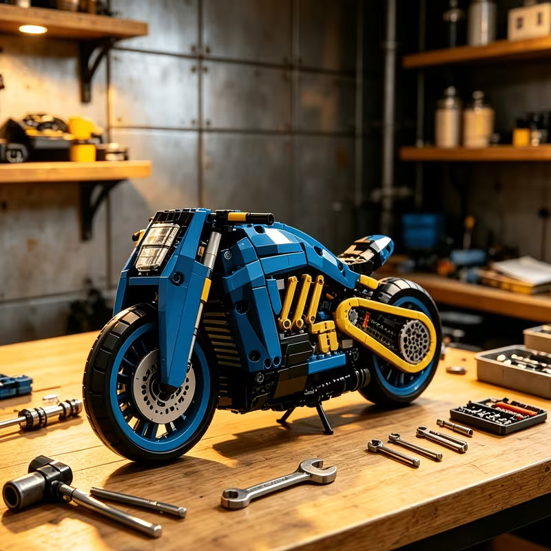 Mechanical-Style Blue Motorcycle Building Blocks, Collectible Assembly Model, Exquisite Gift
