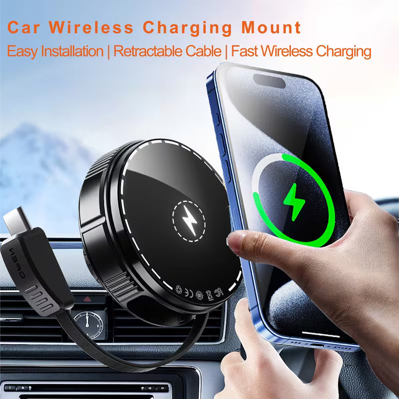 Magnetic Wireless Car Charger & Phone Mount with 27.56" Retractable Cable, 360° Rotatable