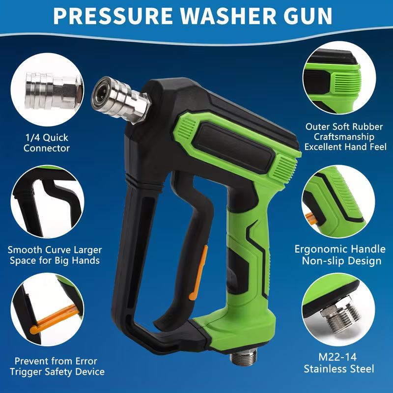 Short Pressure Washer Gun, High Pressure Washer Gun M22-14mm & 1/4 Quick Connector Car Accessories Car Washing Gun Car Cleaning Kit, Outer Soft Rubber,