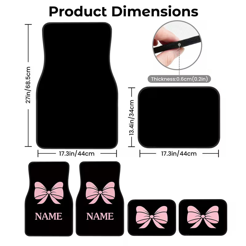 4pcs Customizable Name Car Floor Mats with Pink Butterfly Knot Theme Design Print - Perfect Gift for Men/Women -