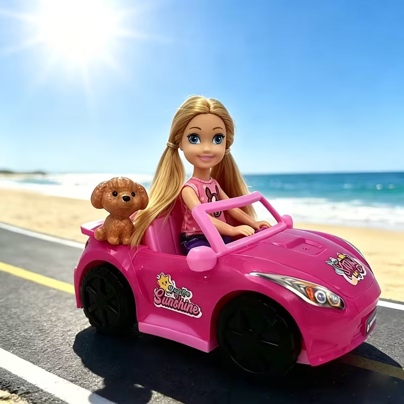 Kids Toy Car for Girls, Pink Convertible Sports Car with Pet Dog, Doll Pretend Play Set