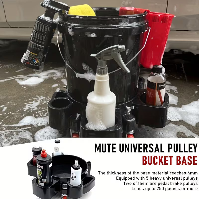 [Heavy-Duty] Heavy-Duty Car Wash Bucket Cart with Wheels - 6 Gallon Capacity, Black Plastic, Rolling Soap Holder, Multi-Tool Storage for Professional Cleaning,