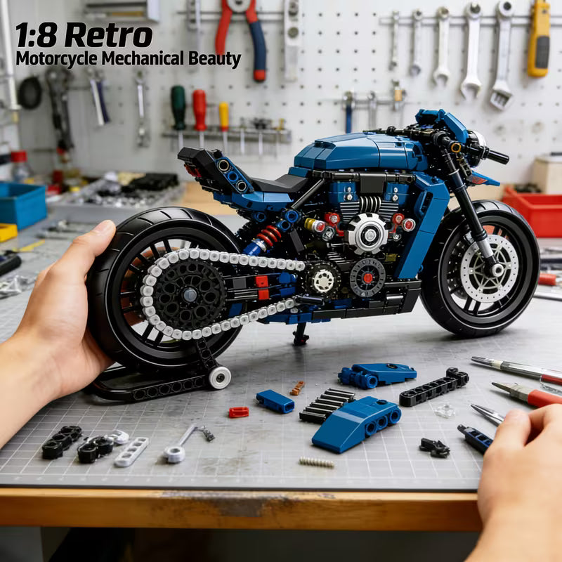 1:8 Blue Retro Technic Motorcycle Building Blocks