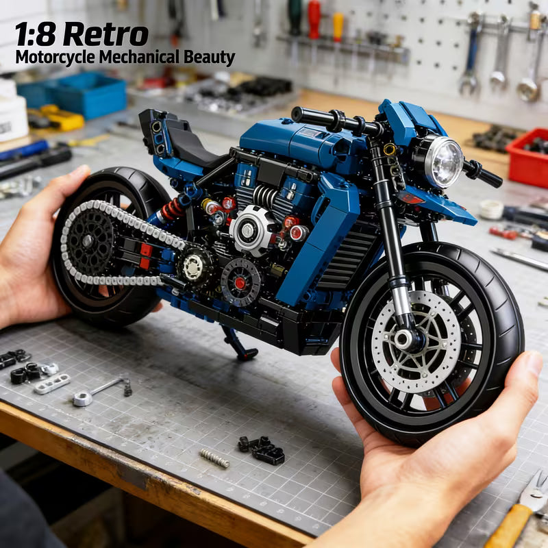 1:8 Blue Retro Technic Motorcycle Building Blocks