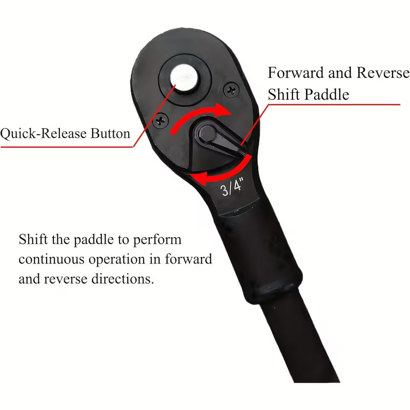 Heavy-Duty 19-Inch Adjustable Ratchet Wrench with Quick Release Socket - 3/4" Drive, Carbon Steel Construction,