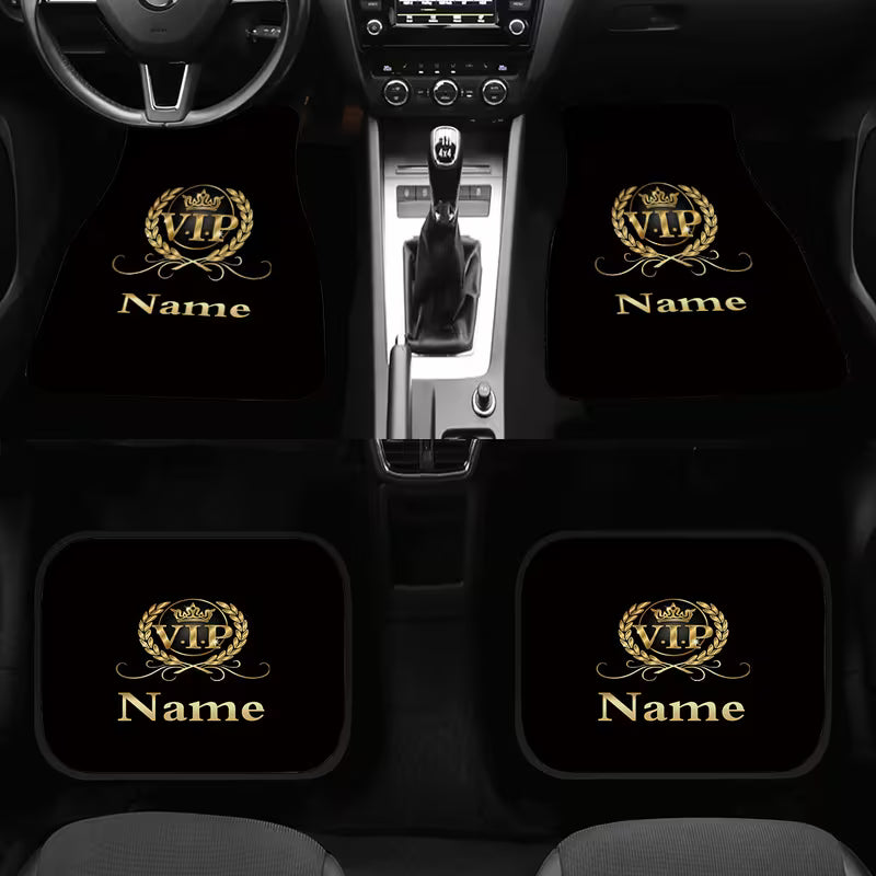 4pcs Customizable Name & Number Car Floor Mats, Golden Crown & VIP Personalized Design