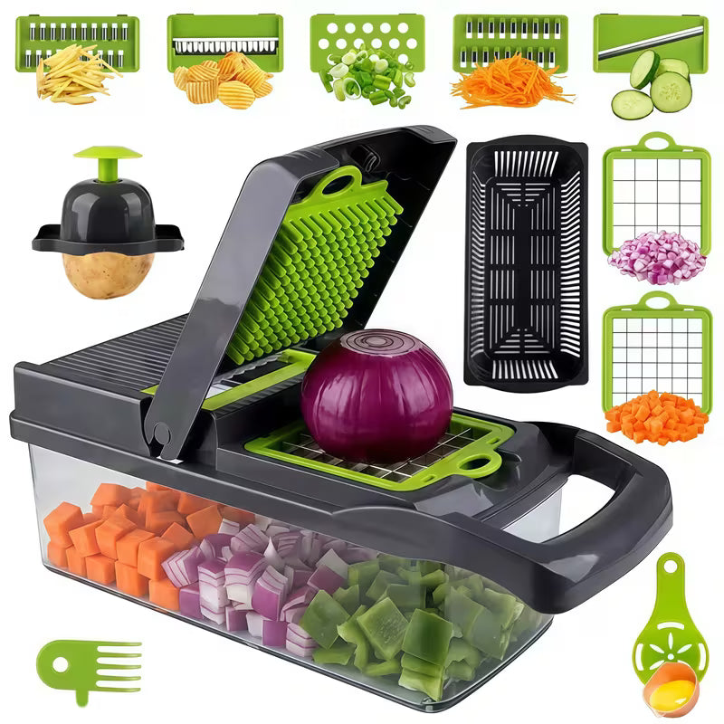 14-in-1 Multifunctional Vegetable Chopper with Colander, Manual Veggie Dicer Slicer Shredder with Hand Protector & Egg Separator