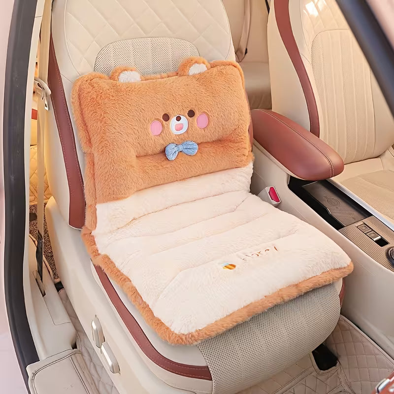 1pc Cute Soft Plush Car Seat Cushion, Adorable Cartoon Design, Universal Winter Car Seat Protector