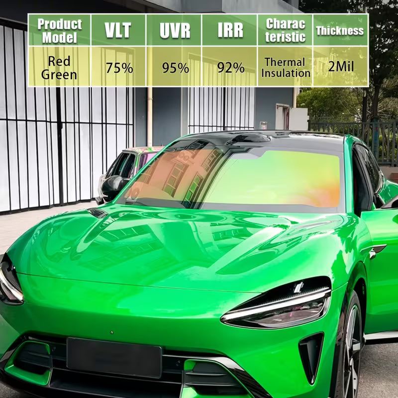 &nbsp;2 Rolls High-Definition Red Green Chameleon VLT 75% Car Window Film Unidirectional Perspective, Black Window Film VLT 25%, Effectively Blocking Ultraviolet Rays