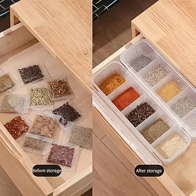 Five-Compartment Multi-Size Storage Containers - Stackable Reusable Spice, Snack & Grain Organizer
