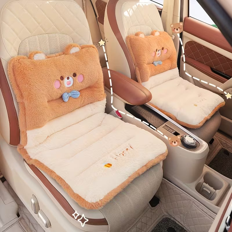 1pc Cute Soft Plush Car Seat Cushion, Adorable Cartoon Design, Universal Winter Car Seat Protector