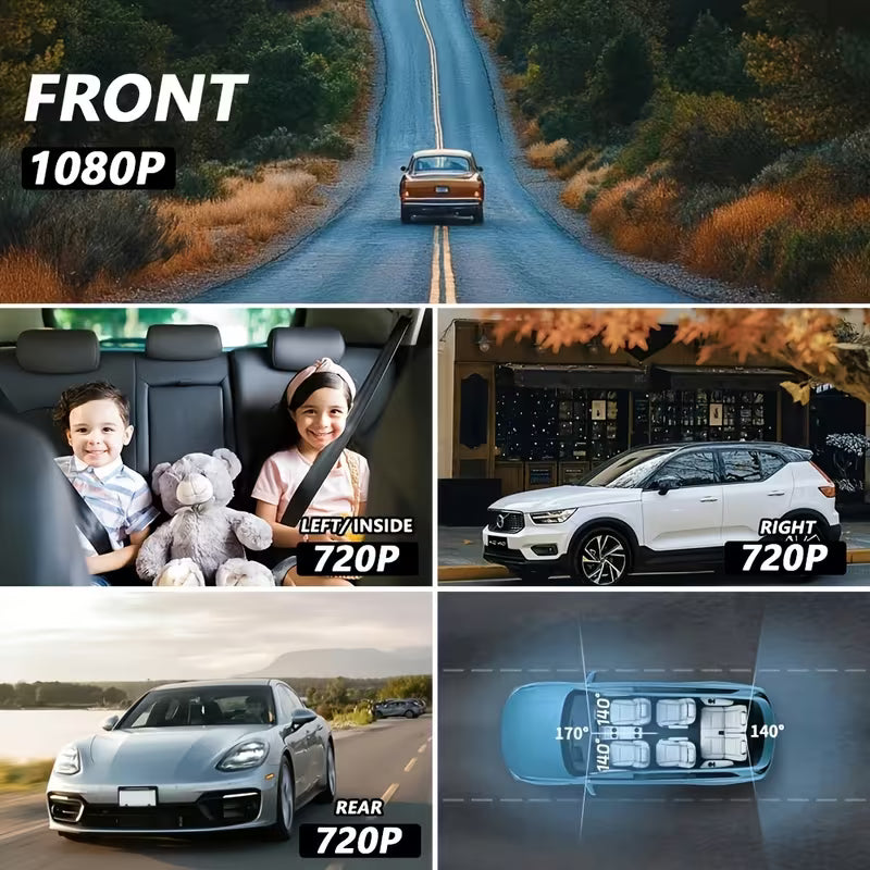 4-Channel Dash Cam, 1080P Front + 720P Other Channels, Night Vision, Loop Recording & G-Sensor